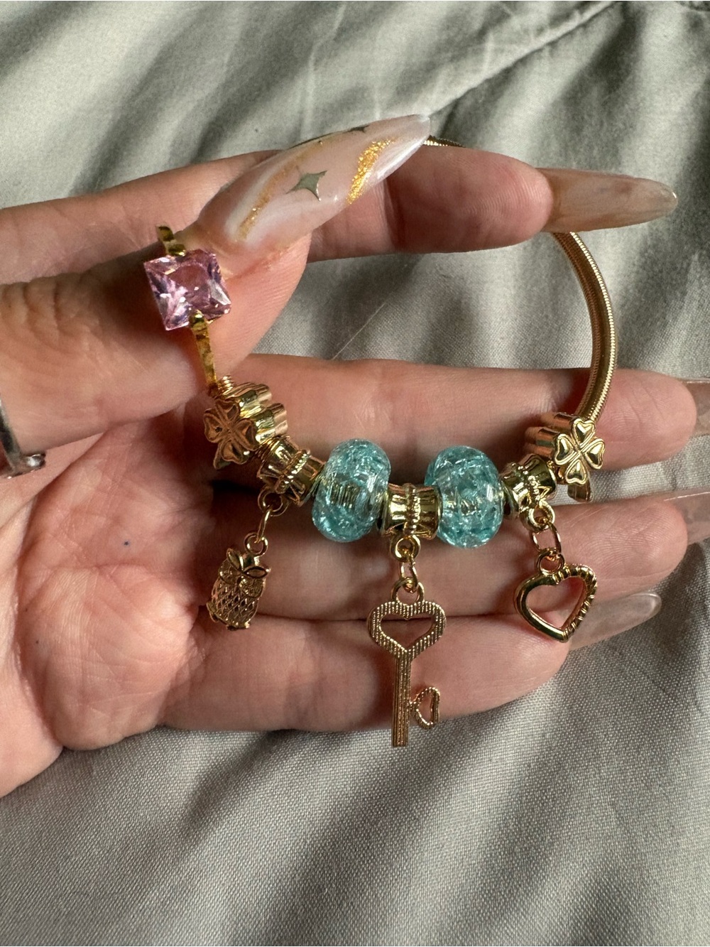Gold Tone Charm Bracelet with Aqua Glass Beads - Unbranded